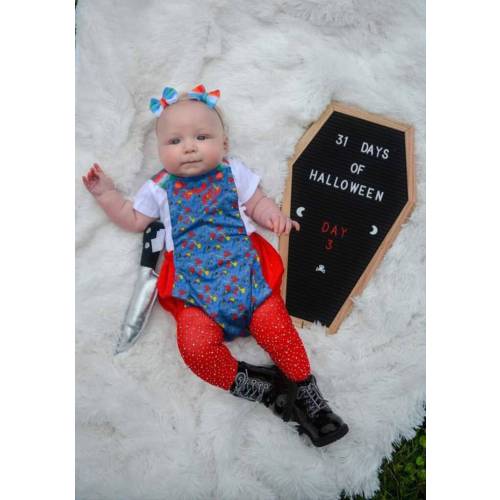Chucky Child&#39;s Play Good Guys Horror Overall Romper baby infant toddler Halloween costume Onesie Jumpsuit
