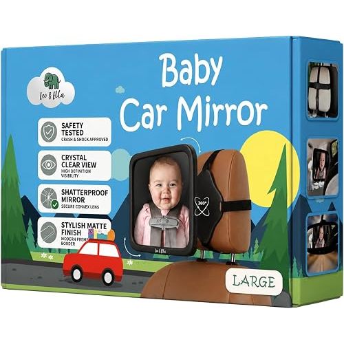 Leo&Ella Extra Large Car Mirror for Baby in Rear Facing Car Seat, Wide Crystal Clear View, 360° Adjustable Mount, Crash Tested and 100% Shatterproof, Fully Assembled