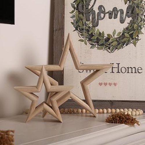 LOSOUR Set of 2 Natural Wood Decor Stars - Coffee Table Decor, Centerpiece, TV Stand, Bookshelf, Desk, Tiered Tray for Living Room, Bedroom, Office