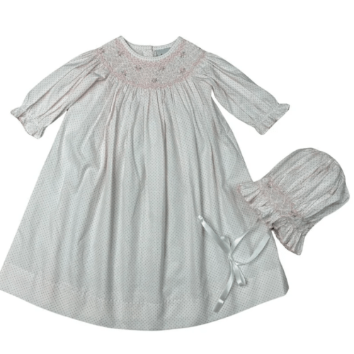 Smocked Long Sleeve Daygown & Bonnet - Mini Pink Dot Geo Floral