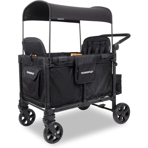 WonderFold W4 Elite Pro Stroller Wagon - Foldable Wagon with Aluminum Frame - Adjustable Canopy & Push Handle - All-Terrain Wheels - for Babies, Toddlers & Kids - 4 Seater - Jet Black