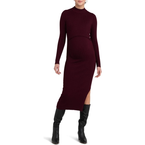 Maternity Nella Long Sleeve Rib Maternity Dress, Medium, Maroon