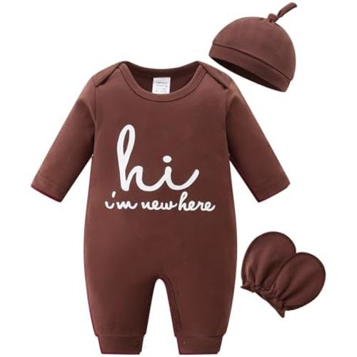 Babymine Cute Newborn Unisex Baby 100% Cotton Long Sleeve Onesie Coming Home Outfits,Soft Romper with Mittens & Hat
