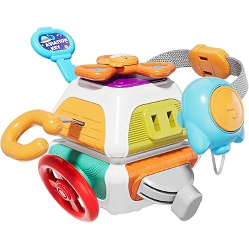 10-in-1 Montessori Busy Board for 1 Year Old - Toddler Toys 1-2 Years with Car Steering Wheel & Keys, Car Travel Toys for Toddlers 1-3, Sensory Activity Cube, Birthday Gifts Baby Boys Girls