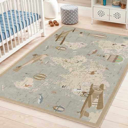 Vintage World Map Rectangular Kids Rug | Airplane and Balloon Theme Carpet | Adventure Nursery Decor | Unique Children’s Room Mat