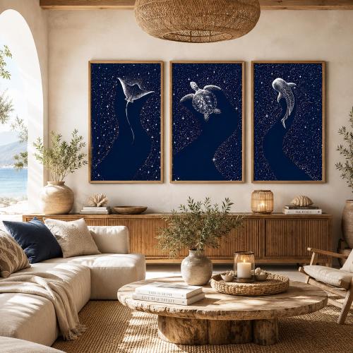 Celestial Ocean Prints Set of 3 | Cosmic Whale Shark Turtle Jellyfish | Navy Blue Coastal Wall Art | Digital Download