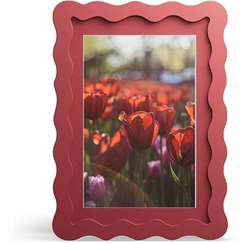 5x7 Picture Frame with Mat for 4x6, Wavy Edge Wooden Real Glass Photo Frame for Tabletop and Wall Hanging, Red, 1 Pack