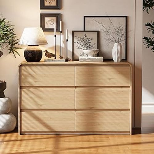 6 Drawer Dresser for Bedroom, Curved Edge Design Modern Dressers & Chest of Drawers, 47" Wide Nursery Dresser Natural Oak