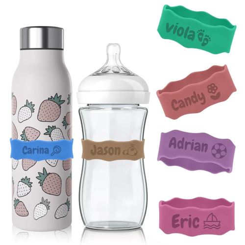 Personalized Water Bottle Name Bands, Custom Silicone Baby Bottle Labels for Daycare Reusable, Laser Engraving Bottle Name Tags, Customized Kids Cups Grip Straps Waterproof