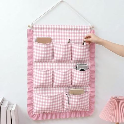 Amyhill Gingham Wall Hanging Organizer with Pocket Ruffled, Pink