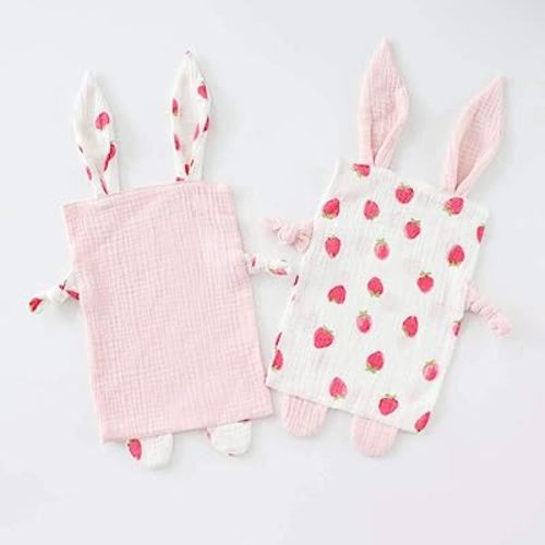 Bunny Security Blanket for Boys and Girls,Cotton Soft Breathable Muslin Soothing Towel Appeasing Toy for Infant,Newborn Gift,2 Pcs Set (PurePink&Strawberry)