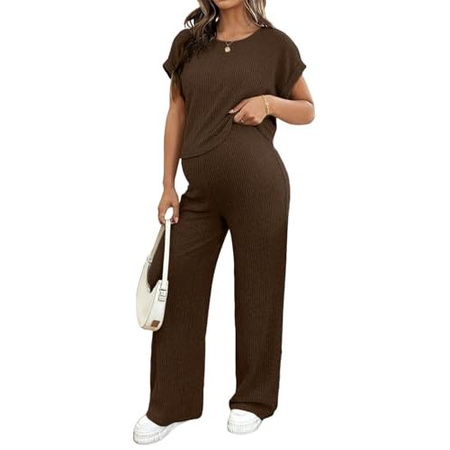 BLENCOT Maternity Sets Summer Ribbed Knit Pajamas Outfits | Casual Pregnancy 2 Piece Soft Stretch Fabric Matching Clothes for Moms Postpartum Recovery and Going Out Work