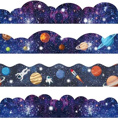 VABAMNA 120ft Bulletin Board Borders Decorations Outer Space Classroom Decor Galaxy Star Planet Astronaut Scalloped Border Trim for Teacher School Office Supplies Classroom Door Wall Decor, 4 Patterns