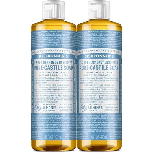 Dr. Bronner's - Pure Castile Liquid Soap 2 Pack - Organic Coconut Oil - Moisturising - Baby Unscented - (2x473ml)