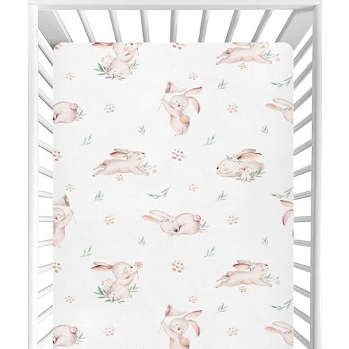 CaTaKu Baby Crib Sheets Cute Rabbit Bunny Woodland Mini Crib Sheets Fitted for Girls Boys,Neutral Soft Toddler Mattress Bed Sheets for Crib,27"x 39"