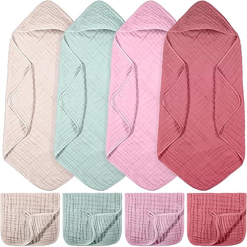 VitalCozy 8 Pcs Baby Muslin Hooded Bath Towels and Washcloths, Muslin Hooded Baby Towels Absorbent Blankets for Gift Newborn Infant Shower (Vivid Color,32 x 32 Inch)
