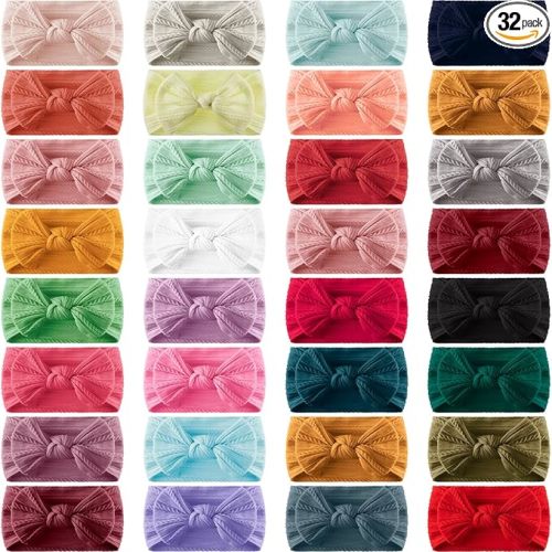 Janinka 32 Pcs Baby Nylon Headbands Hairbands with Bows Elastics Handmade Hair Accessories Stretchy Headband Jacquard Design for Newborn Infant Baby Toddlers Kids(Classic)
