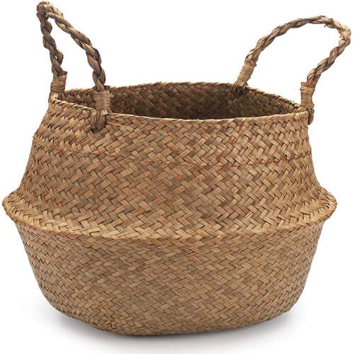 LEEYNEER Storage Belly Baskets - Decorative Multipurpose Woven Plants Basket With Handles & Plastic Tray Base For Plant Pots Small Planter Stand Large Tree Pot Wicker Home Decor & Indo