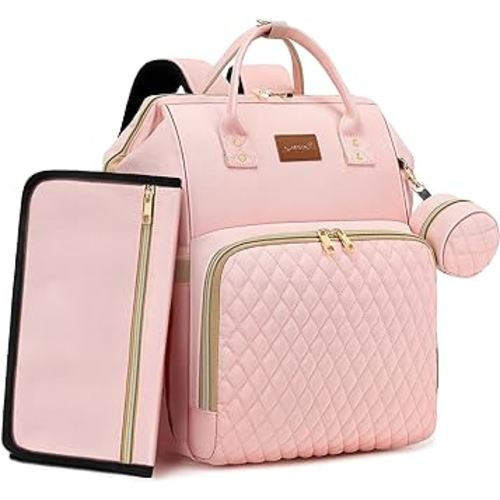 Pink Diaper Bag Backpack for Baby Girls - Baby Shower Gifts for Mom, Quilted Diaper Bag with Changing Pad, Pacifier Case, Insulated Pockets, Stroller Straps, 35L Large Capacity - Cute