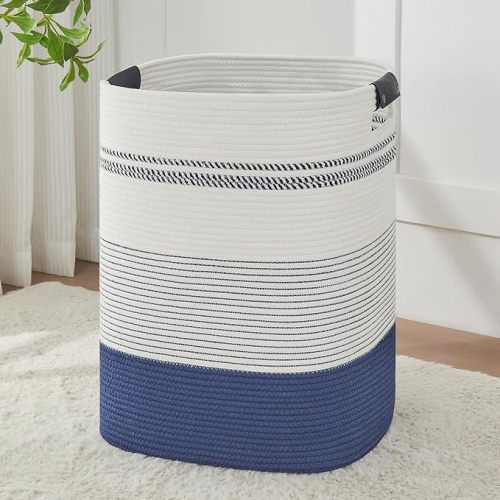 Large Laundry Basket - Tall Woven Rope Laundry Hamper with Leather Handles - Dirty Clothes hamper for Living room, Bedroom, 17" X 13.8" X 22", Dark Blue & White