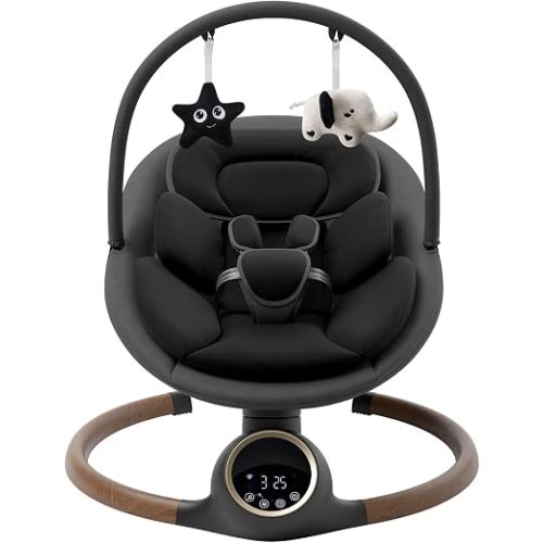 Baby Swing for Infants with 5 Point Harness, 5 Speeds Infant Swing with Soft Cushion, 10 Songs and Bluetooth Music for Newborn, Remote Control & Touch Panel Use, Black