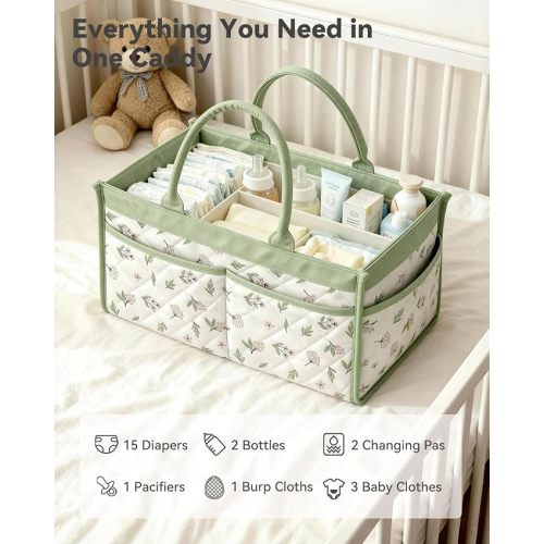 Baby Diaper Caddy Organizer – Stylish Storage Basket for Newborn Essentials, Nursery & Diaper Station, Registry Must-Have, Sage Green Botanical