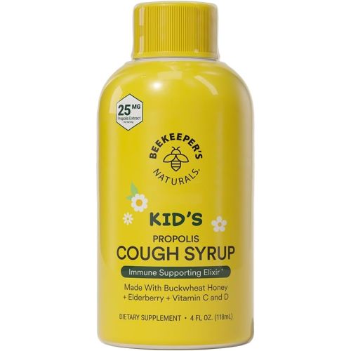 Beekeeper's Naturals Propolis Honey Cough Syrup Daytime for Kids Immune Support with Elderberry, Vitamin C, Vitamin D & Raw Honey - Throat Soothing - Gluten Free & Clean Ingredients, 4 oz.