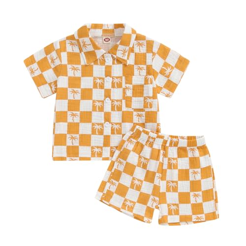 Mandizy Toddler Baby Boy Summer Clothes Checkered Palm Tree Print Shirt Tops and Shorts Set 2Pcs Cotton Linen Outfit
