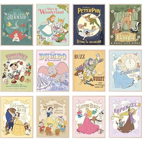 BigWig Prints Princess Wall Art, Nursery Decor, , Princess Room Decor Nursery Artwork, Vintage Bambi Cinderella Little Mermaid Dumbo Pinocchio Snow White Peter Pan Beauty Beast - Unframed Set Of 12 (8x10")