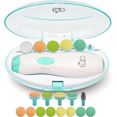 Royal Angels Upgraded 21 in 1 Baby Nail Trimmer with Labeled Case, 13 Extra Replacement Pads, Safe Electric Baby Nail File Kit for Newborn & Toddler, Whisper Quiet Nail Clipper with LED Light (Green)