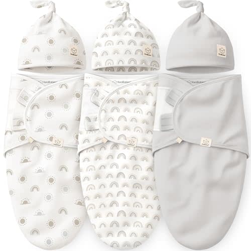 KeaBabies 3-Pack Organic Swaddles for Newborns Girls, Boys with Hats - Soft Cotton Baby Sleep Sacks 0-3 Months, Breathable Baby Hats and Swaddles 0-3 Months, Newborn Essentials Must Haves (Shifts)