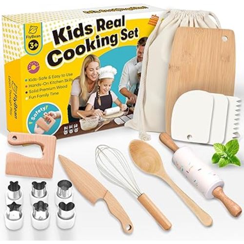 Wooden Safe Real Cooking Tool Set for Kids Toddler Teen – Montessori Kitchen Accessories & Utensils for Little Chef, with Children Proof Knife & Baking Kit, Youth Friendly Culinary Kit for Girl & Boy