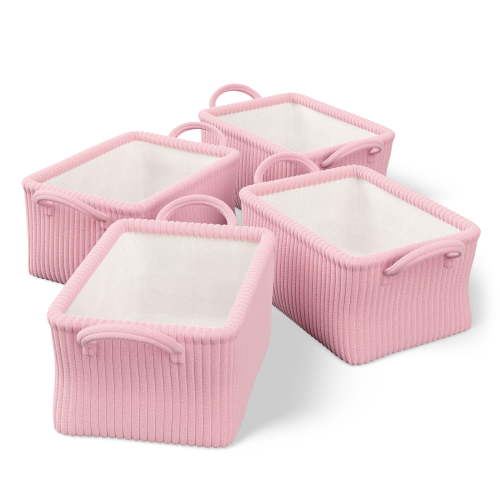 Mainstays Kids Medium Light Pink Ribbed Corduroy Fabric Storage Basket with Handles, 4 Pack