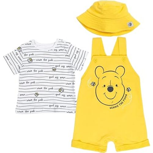 Disney Winnie the Pooh Baby Boys' Outfit Set 3 Piece Shortall Tee and Hat Newborn to Infant