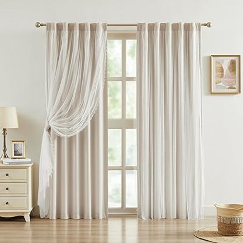 Bujasso Beige 80% Blackout Curtains with Sheer Overlay Mix and Match Double Layer Thermal Insulated Window Panels 84 inch for Bedroom Beige Drapes with Tiebacks Rod Pocket Back Tab 37" Wx84 Lx2