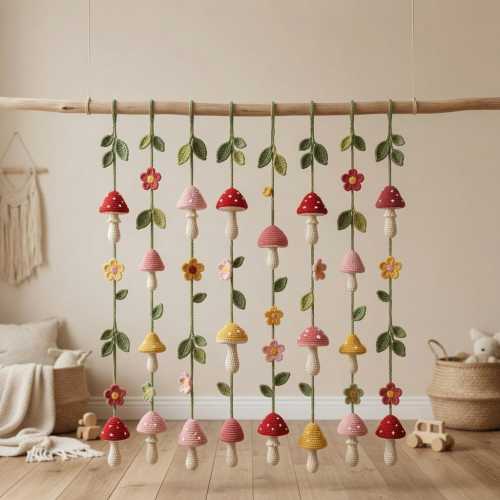 Crochet Mushroom Curtain Garland Pattern PDF, Toadstool Garland, Woodland Nursery Decor, Boho Wall Hanging, Digital Download