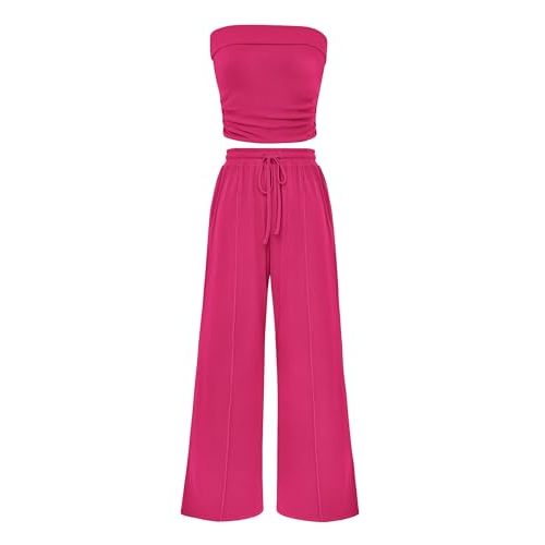 PRETTYGARDEN Womens Summer Outfits 2 Piece Sets Casual Ribbed Knit Crop Tube Top Wide Leg Pants Spring Matching Lounge Set