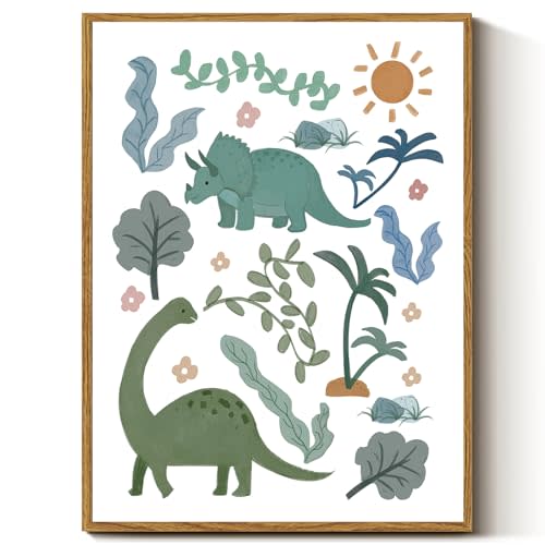 InSimSea Framed Canvas Prints Art Vintage Decor, Green Blue Dino Flower Nursery Animal Painting, Dinosaur Wall Art for Kids Toddler Bedroom Boys Gift Room Small Shelf Decor, 12x16inch
