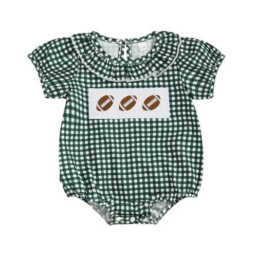 Newborn Baby Girl Football Outfits Short Sleeve Plaid Bubble Romper Smocked Ruffle Rugby Bodysuit Summer Clothes