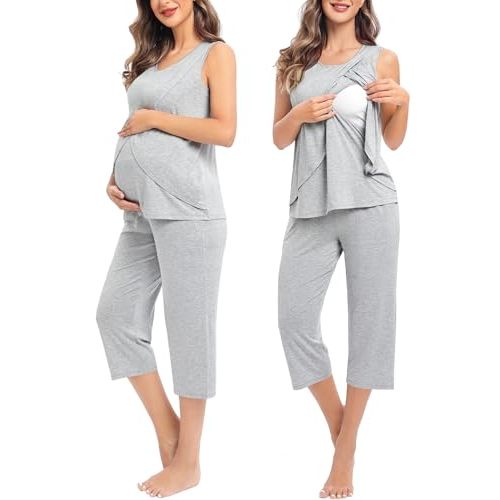 SWOMOG Women Maternity Pajama Set Nursing Pjs Double Layer Sleeveless Top Capri Pregnancy Set Breastfeeding Pjs with Pockets