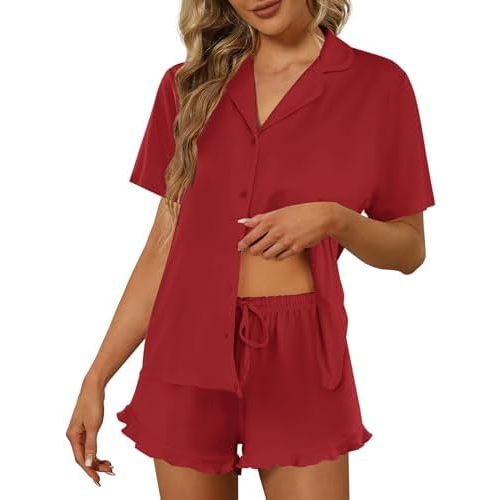 Ekouaer Pajamas Set for Women Short Sleeve Sleepwear Button Down Pjs Lounge Sets Soft Nightwear