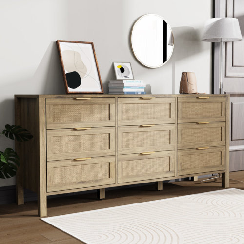 Bay Isle Home™ Rattan Storage Closet Dressers Chest Of Drawers, 9 Drawer Wide Dresser For Bedroom,Hallway, Living Room & Reviews | Wayfair