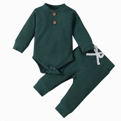 WUANDIXFA Newborn Baby Boy Fall Winter Clothes Outfit 3 6 12 18 24 Months Embroidery Waffle Knit Romper Pants Sets,Green,0-3 Months