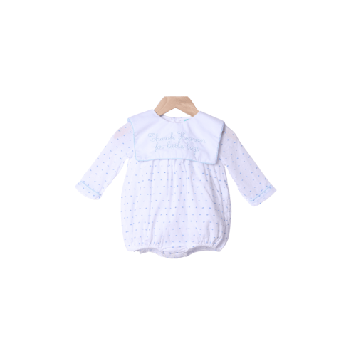 Embroidered Thank Heaven for Little Boys Long Sleeve Blue Swiss Dot Bubble