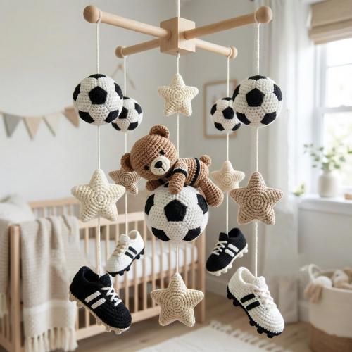Personalized Crochet Bear Baby Mobile, Bear On Football Mobile Nursery Outer Space Mobile Crib, Soccer Ball Nursery Decor, Newborn Gift