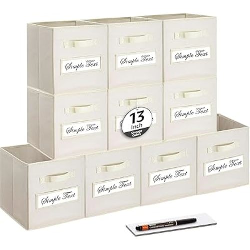 artsdi 13x13x13 storage cube bins (Set of 10) Fabric storage cubes with 10 Labels Window Cards & a Pen, storage cubes 13x13, Collapsible 13 inch cube storage bins, Cubby Organizer Boxes, Beige