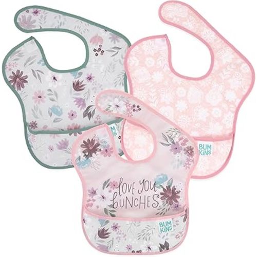 Bumkins Bibs for Girl or Boy, SuperBib Baby and Toddler for 6-24 Months, Essential Must Have for Eating, Feeding, Baby Led Weaning Supplies, Mess Saving Catch Food, Fabric 3-pk Floral and Lace