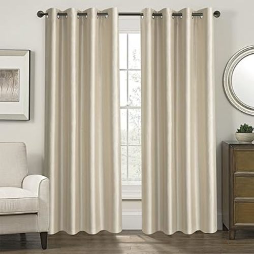 GYROHOME Faux Silk Room-Darkening Blackout Curtains (Beige Liner) Solid Window Treatment Drapes for Bedroom Living Room, Thermal Insulated Ring Top (2Panels, 46x90inch,Light Gold)