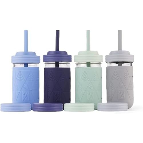Elk and Friends Kids + Toddler Glass Cups | The Original 12oz Glass Mason Jar with Sleeves + Lids | Silicone Straws + Stopper | Smoothie Cup | Food Storage | Sage/MistyBlue/Navy/Gray | 4 Pack