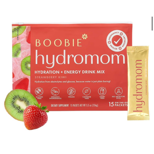 Boobie Hydromom Superfood Electrolyte Drink Mix, Strawberry Kiwi | Refreshing Energy & Hydration Boost for Mamas | On-The-Go & Travel Essentials for Pregnancy, Lactation, & Beyond, 15 Packets